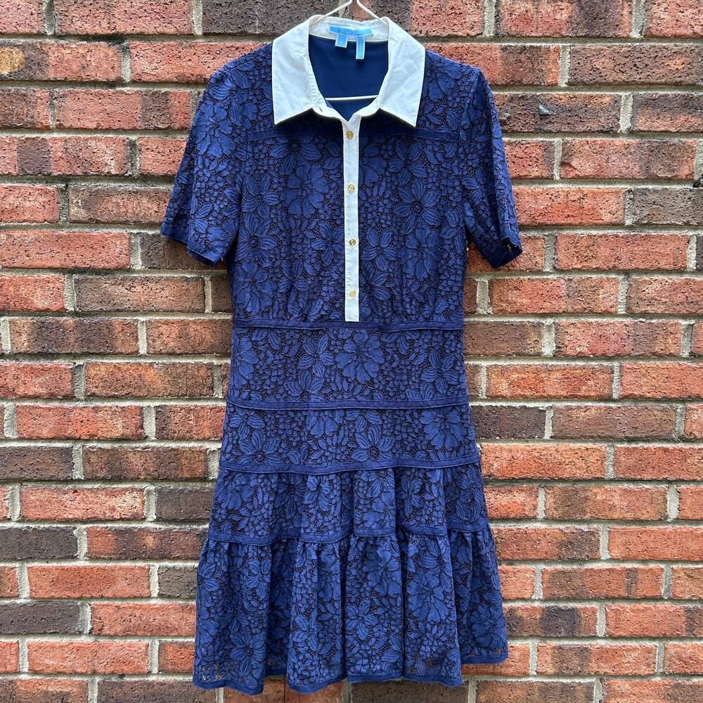 Draper James Meadow Dress Navy Lace Cream Gold Collar Buttons Short Sleeve 4